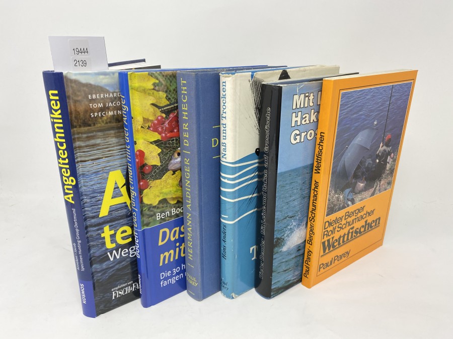 6 Bücher: Angeltechniken Wege zum Fangerfolg, Eberhard Anneken/Tom Jacob; Wettfischen, Dieter Berger/Rolf Schumacher, 1981; Der Hecht, Hermann Aldinger, 1965; Naß und Trocken, Hans Anders, 1967; Mit Leine und Haken auf Grossfische, Dieter Bender, 1979; Das fängt man mit der Angel, Ben Boden