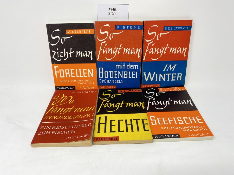 6 Büchlein: So fängt man Hechte, A.L.Ward; So fängt man im Winter, E.De Laporte; So fängt man Seefische, R.Loebell/D.Schicker; So fängt man mit dem Bodenblei Spürangeln, P.Stone; So fängt man Forellen, Günter Jens; Wo fängt man in Nordeuropa, W.Brümmer