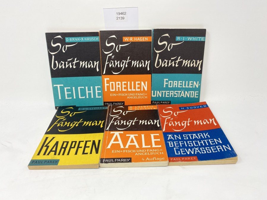6 Büchlein: So fängt man an stark befischten Gewässern, H.Suoved; So fängt man Aale, R.Loebell/D.Schicker; So fängt man Karpfen, D.L.Steuart; So baut man Forellen-Unterstände, R.J.White; So baut man Teiche, O.Bank/A.Krusch; So fängt man Forellen, W.R.Hagen