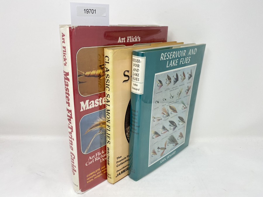 3 Bücher: Art Flicks MasterFly Tying Guide, Art Flick/Ed Koch/ Lefty Kreh,/Ted Niemeyer/Carl Richards/ Ernest Schwiebert/Helen Shaw/Doug Swisher/Dave Whitlock; Classic Salmon Flies, James Waltham, 1983; Reservoir and Lake Flies, John Veniard, 1970