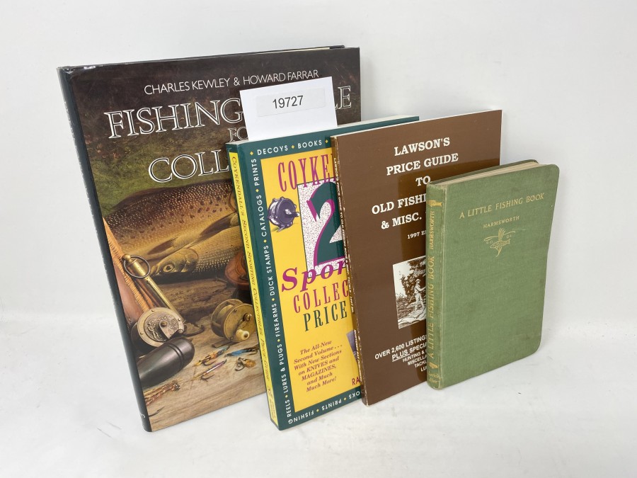 4 Bücher: Fishing Tackle for Collectors, Charles Kewley/Howard Farrar, 1987; Coykendall's 2nd Sporting Collectibles Price Guide, Rolf Coykendall, Jr. 1992; Lawson's Price Guide to old Fishing Rods & Misc. Tackle, George S. Lawson, Jr., 1997; A Little Fishing Book, Cecil, Lord Harmsworth, 1942