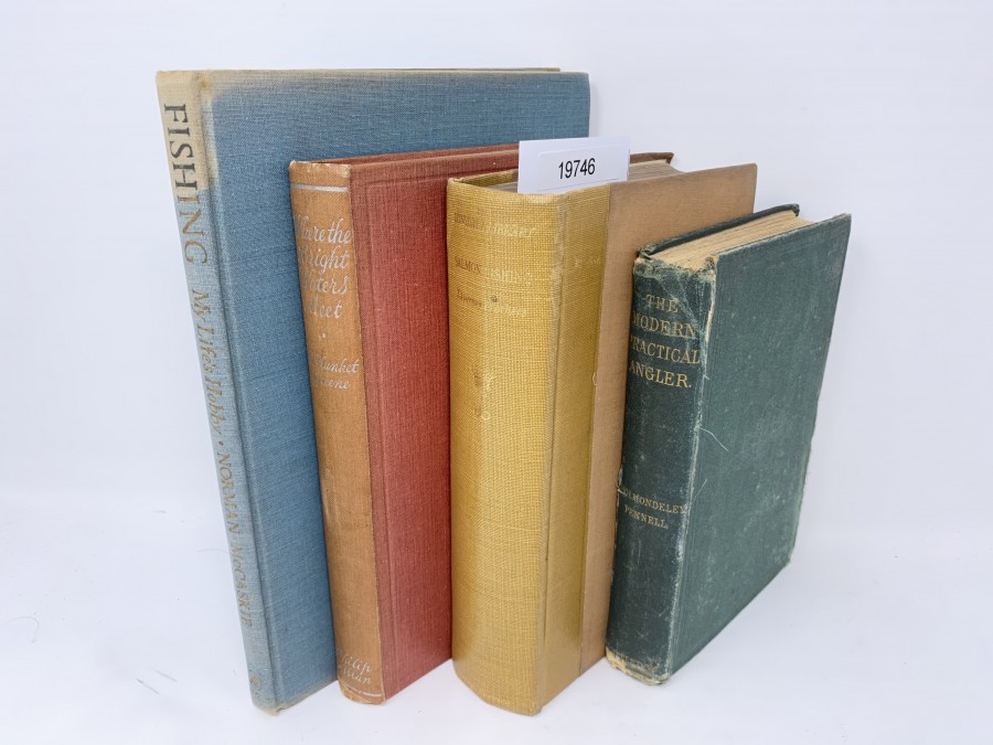 4 Bücher:  Fishing my Life's Hobby, Norman Mc Caskie, 1950; The Lonsdale Library, Volume X, Salmon Fishing, Eric Taverner; Where the bright Waters Meet, Harry Plunket Greene, 1936; The Modern Practical Angler, A Complete Guide to Fly-Dressing, Bottom-Fishing & Trolling, H. Cholmondeley-Pennell, 1870, 1. Auflage