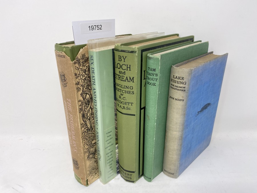 5 Bücher: The Fisherman´s Fireside Book, Clive Gammon, 1961; Sex, Death, and Flyfishing, John Gierach, 1990;  By Loch & Stream Angling Sketches, R.C. Bridgett; Tam Tain's Trout Book, Raymond Sheppard, 1947; Lake Fishing for Salmon, Trout, and Pike, Jock Scott 1932, 1. Auflage