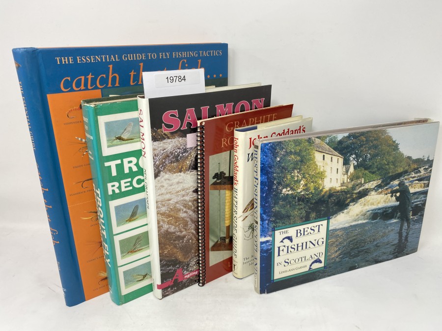 6 Bücher: The Essential Guide to Fly Fishing Tactics catch that fish, Peter Gathercole, 1999; The Best Fishing in Scotland, Lewis-Ann Garner, 1990; Trout Fly Recognition, John Goddard, 1976; Salmon, Neil Graesser, 1991; Graphite Rod Repair, L.A. Garcia, 1997; John Goddard Waterside Guide, John Goddard, 1988
