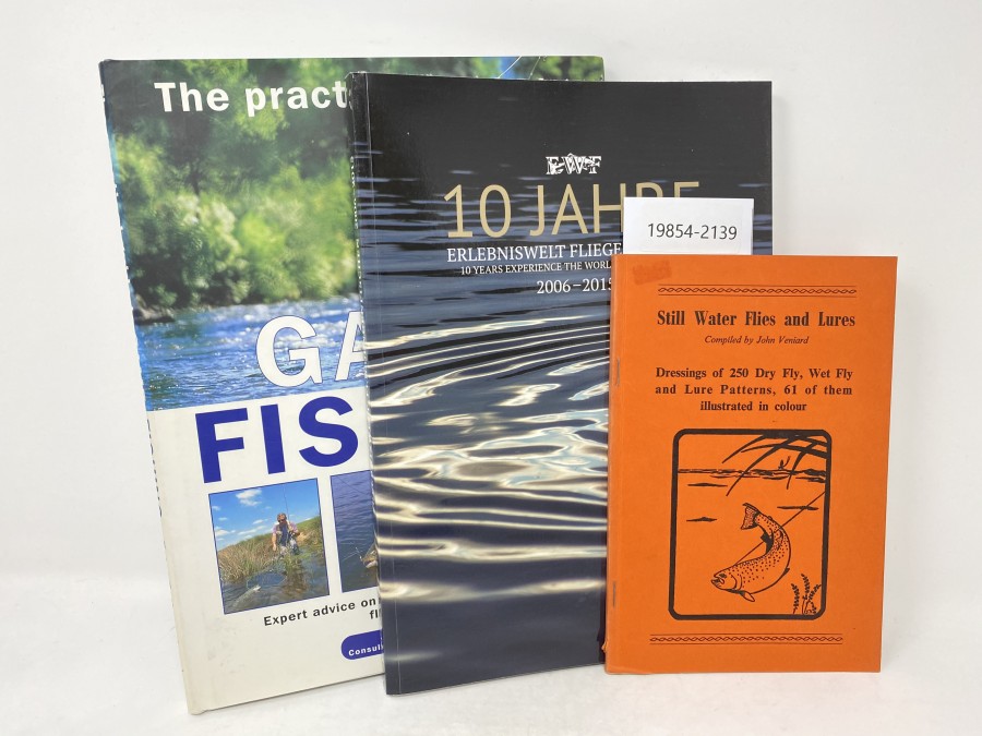 3 Bücher: The Practical Guide to Game Fishing, Peter Gathercole; EWF 10 Jahre Erlebniswelt Fliegenfischen 2006 - 2015; Still Water Flies and Lures, E. Veniard