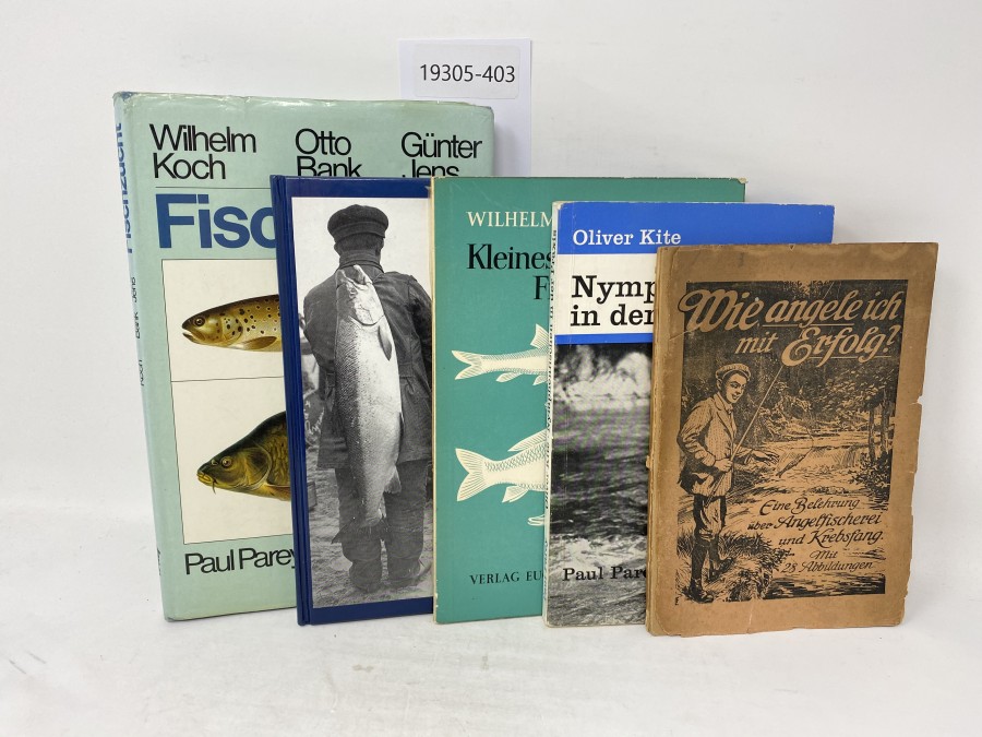 5 Bücher: Fischerei im Samland, Koehler; Fischzucht, Wilhelm Koch, Otto Bank, Günter Jens; Kleines Fischerei-Buch, Wilhelm Koch; Nymphenfischen in der Praxis, Oliver Kite; Wie angele ich mit Erfolg, Eine Belehrung über Angelfischerei und Krebsfang, P. Krause