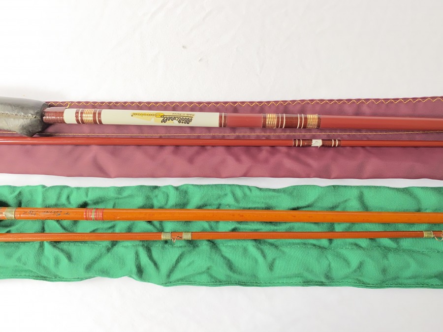 2 Fliegenruten: Engelbrecht München Super Fly, Hohlglas, 2tlg., #6, Futteral von Triplex München und Mitchell Conolon, 2tlg., 2,60, #6, Originalfutteral, Gebrauchsspuren