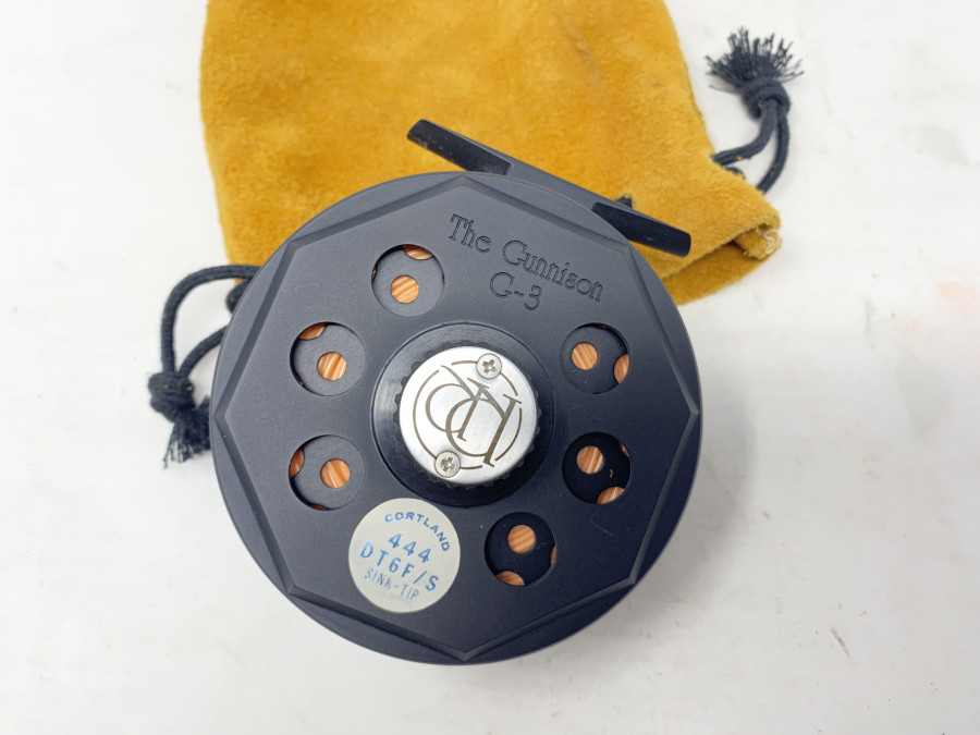 Fliegenrolle, Ross Reel, The Gunnison G-3, Linkshand, Leder Rollentasche, mit Cortland Fliegenschnur 444 DT 6F/S, neuwertig