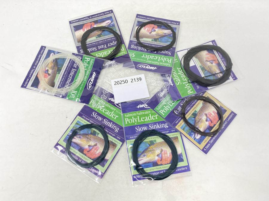 7 Polyleader, Airflo: Clear Intermediate,, 10ft, Super Fast Sinking, 10ft, Super Fast Sinking, 5ft, Salmon, 14ft, Fast Sinking, 5ft, Slow Sinking 10ft, Slow Sinking 5ft.
