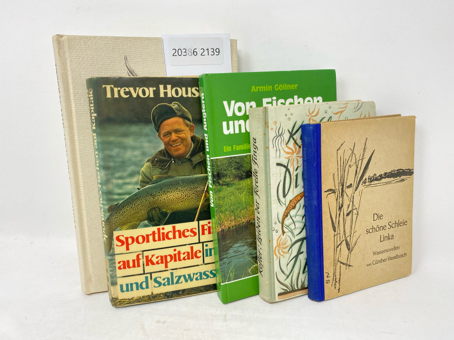 5 Bücher: Tierwelt am Wasser, Lothar Kalber, 1983; Sportliches Fischen auf Kapitale in Süß- und Salzwasser, Trevor Housby, 1973; Von Fischen und Anglern, Armin Göllner, 1983; Die Leiden der Forelle Finga, Franz Josef Kofler, 1925; Die schöne Schleie Linka, Wassernovellen, Günther Haselbusch, 1948