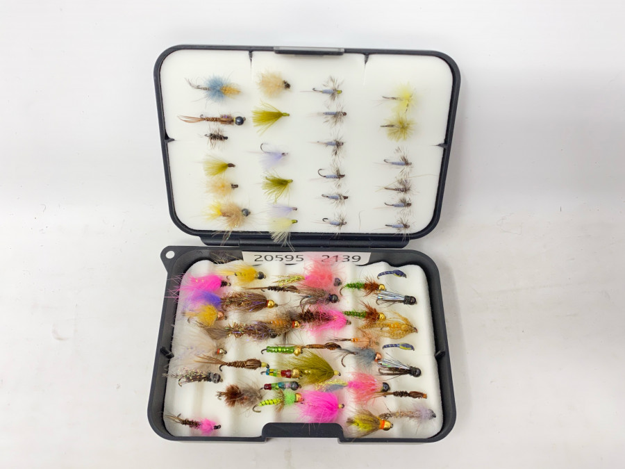 Kunststoff Fliegenbox mit 60 Trockenfliegen und Nymphen, für Forellen und Äschen