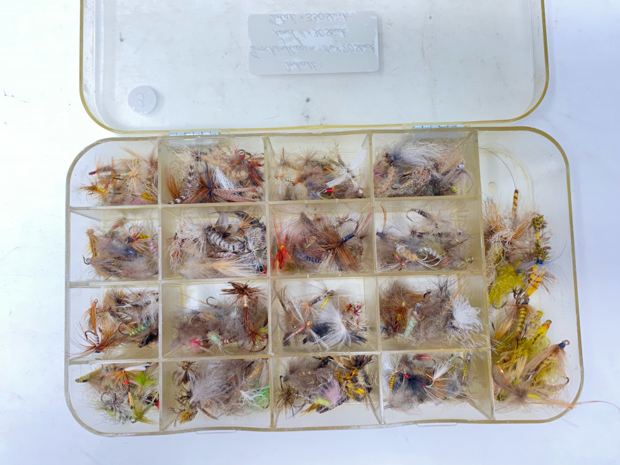 Kunststoff Fliegenbox mit 16x20 und 30 Trockenfliegen, insgesamt 350 brauchbare Fliegen