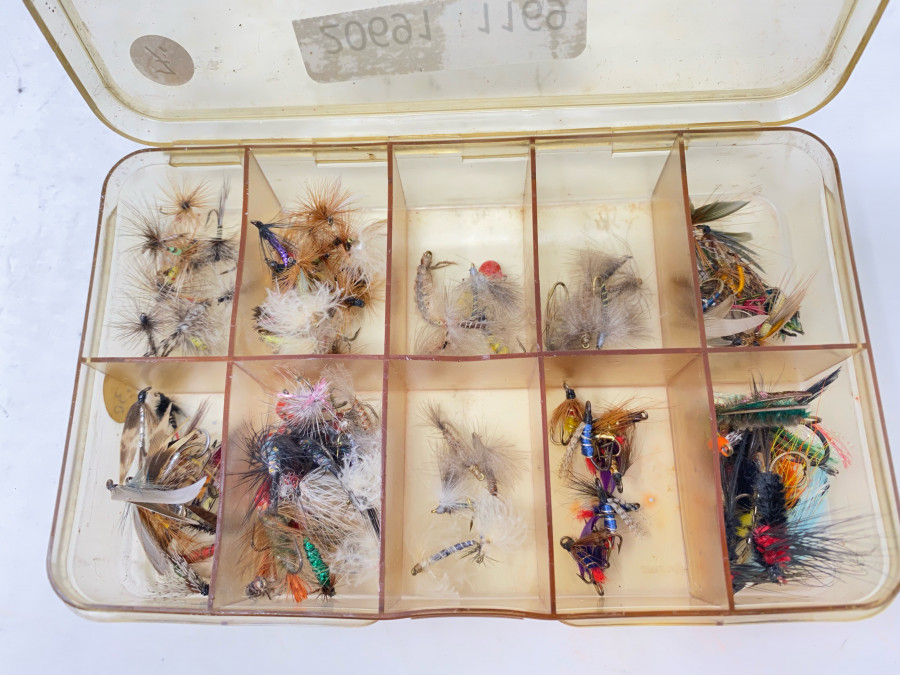 Kunststoff Fliegenbox mit 4x10 Trockenfliegen, 2x10 Nassfliegen, 3x10 Nymphen und 10 Streamer, insgesamt 100 brauchbare Fliegen