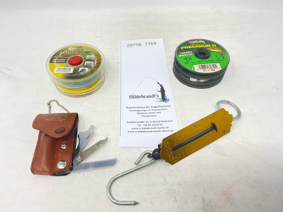 Jeweils Hardy und Cortland Vorfachspender, For Sportmans Waage bis 12 kg, Made in Germany, Etui mit Clip, Messer, Feile und Flaschenöffner