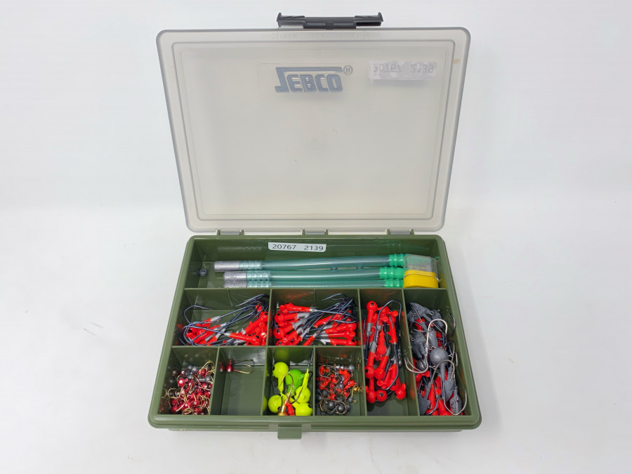 Zebco Kunststoffbox mit ca. 100 Jig Haken, verschiedene Grössen