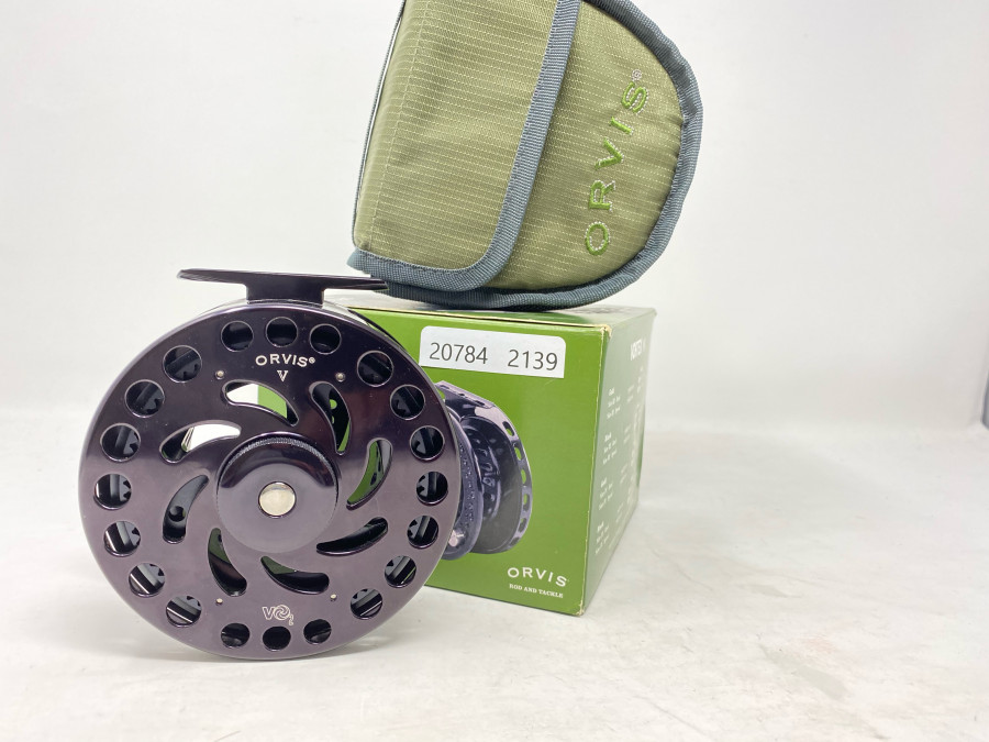 Lachsfliegenrolle Orvis Vortex 2, Grösse V, schwarz, Rechts- oder Linkshand, Klasse, 10, superstarke Bremse, neu in Rollentasche und Karton