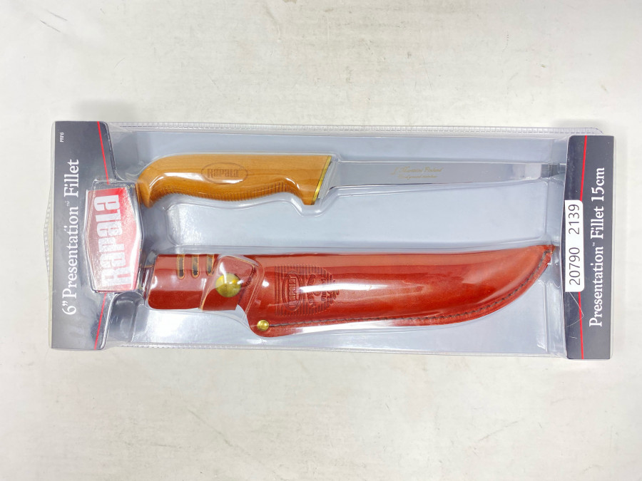 Rapala Presentation Filettiermesser, hergestellt von Marttiini, Finland, Griff gebackene Birke, geprägte Echtlederscheide mit Schnappverschluß, diese Qualität wird seit Jahren nicht mehr hergestellt, EK € 75,00 vor vielen Jahren, neu