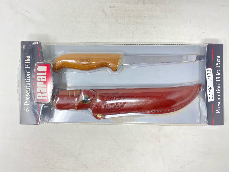 Rapala Presentation Filettiermesser, hergestellt von Marttiini, Finland, 15cm Klingenlänge,, Griff gebackene Birke, geprägte Echtlederscheide mit Schnappverschluß, diese Qualität wird seit Jahren nicht mehr hergestellt, EK € 75,00 vor vielen Jahren, neu