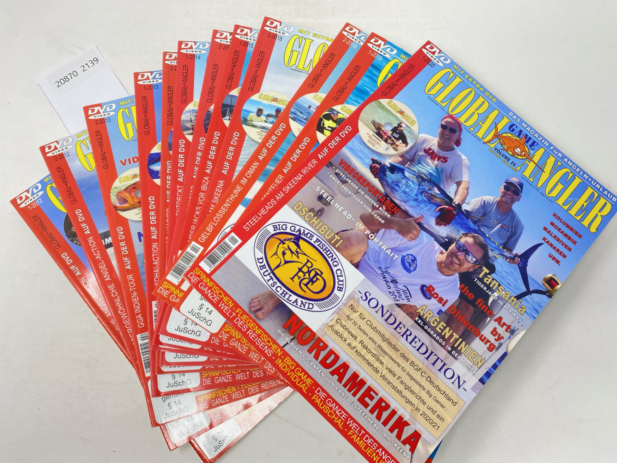 12 Zeitschriften Global Game Angler, 1-2012, 2-2012, 2-2013, 1-2013, 2-2014, 1-2014, 2-2015, 1-2015, 2-2018, 2-2019, 1-2019, 1-2020, ohne DVD's