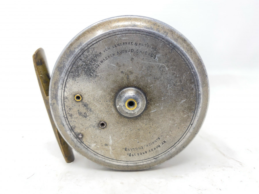 Fliegenrolle Hardy Uniqua, Rechtshand, Horngriff, Messing Rollenfuß, ca. 1920, sehr gut