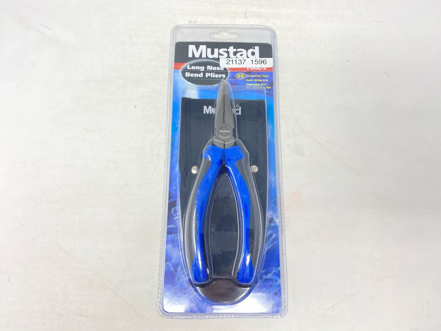 Mustad Long Nose Bend Pliers, starker Grifff, idealer Hakenlöser für grosse Fische, aus rostfreien Stahl, mit Etui, das auch am Gürtel befestigt werden kann