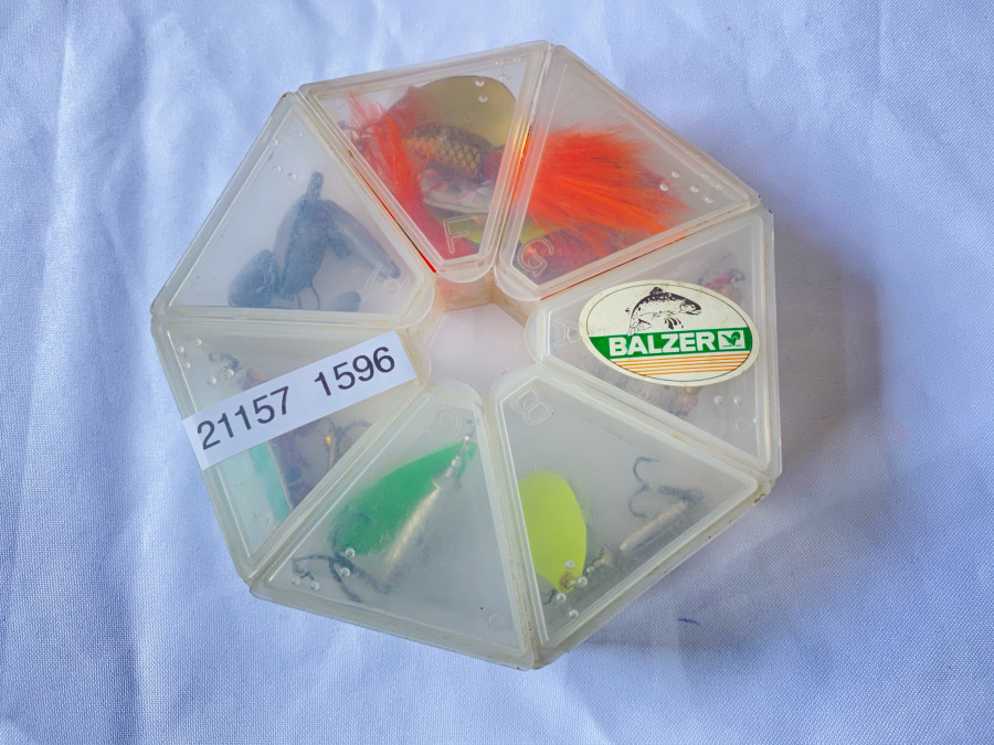 Köderbox, Balzer, mit 10 Spinner, Blei, Stahlvorfach