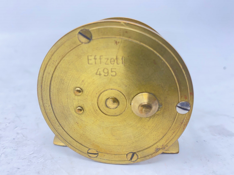 Kleine Messingrolle, DAM Effzett 495, ausschaltbare Knarre, Rollendruchmesser 60mm Rollenbreite 30mm, Gebrauchsspuren