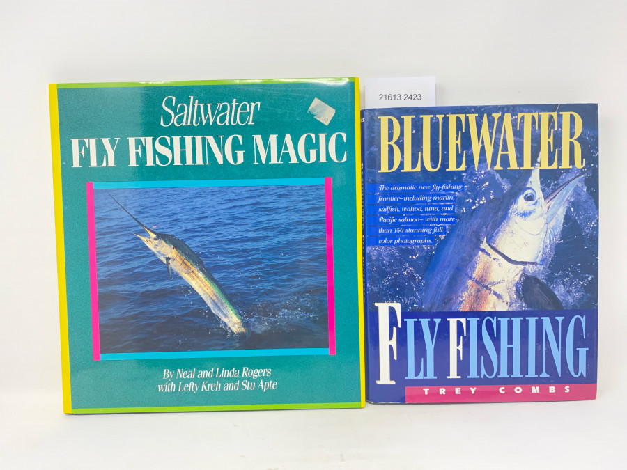 2 Bücher: Saltwater Fly Fishing Magic, By Neal and Linda Rogers with Lefty Kreh and Stu Apte, 1993; Blue Water Fly Fishing, Trey Combs, 1995