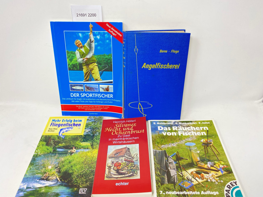 5 Bücher: Die Angelfischerei, v.d.Borne - Fliege, Elfte Auflage, 1961; Mehr Erfolg beim Fliegenfischen, Hans-Peter Kirchner, 1998; Der Sportfischer, Günther Burk, 2006; Das Räuchern von Fischen, E. Rehbronn, F. Rutkowski, F. Jahn, 1997; Silvaner, Hecht und Ochsenbrust, Heinrich Höllerl, 1993