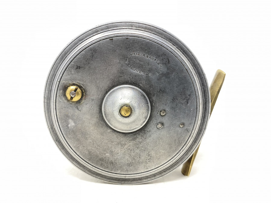 Fliegenrolle, J.J.S. Walker Bampton & Co, Makers, Alnwick, #5, Linkshand, Rollenaussendurchmesser 88mm, Rollenbreite 32mm, Gebrauchsspuren