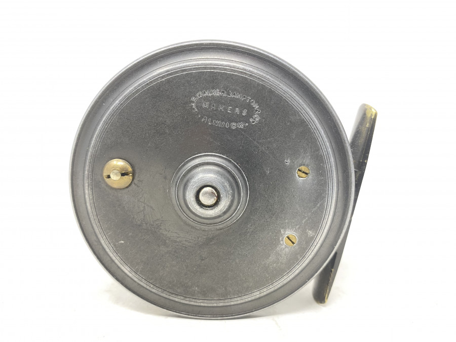 Fliegenrolle, J.J.S. Walker Bampton & Co, Makers, Alnwick, Rechtshand, #4/5, Messingrollenfuß, Gebrauchsspuren