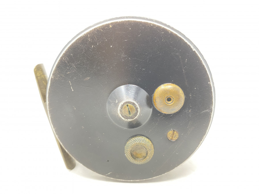 Fliegenrolle, Alu, Messing Rollenfuß, Rechtshand, Rollendurchmesser 91mm Rollenbreite 28mm, #5, Gebrauchsspuren