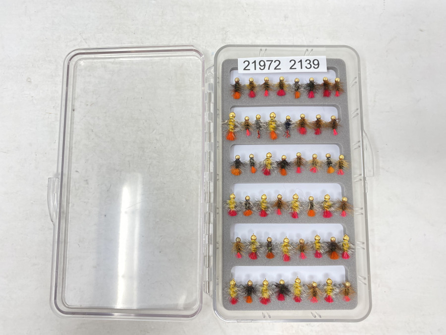 Kunststoff Fliegenbox, Schaumstoffeinlage, mit 48 Minijig´s, Grösse 14 - 18, sehr fängig
