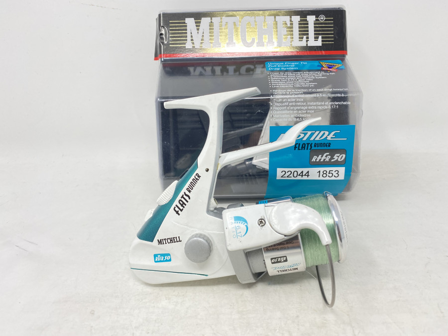 Stationärrolle, Mitchell Riptide Flats Runner RtFR 50, mit Schnur, sehr guter Zustand, in Plastikbox