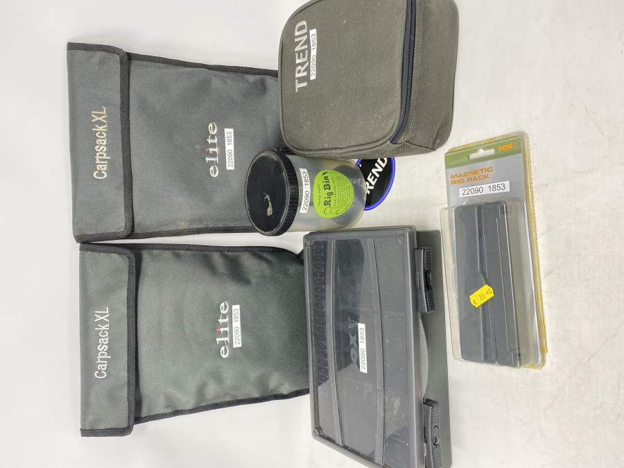 Karpfenfischen: Gardner Rig Bin, gebraucht, Trend Boilie Halter, neu, System Fox Box, neu, 2x Elite Carpsack XL, Fox Magnetik Halter, neu