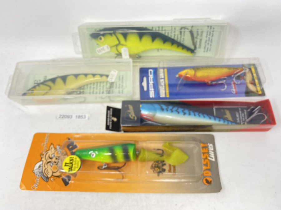 5 Wobbler: Spro Monster Shad, Monster Pike Pig Jr., Salmo Whitefish 18cm/58g, Floating W18F MB, Ace Flipper Lure 152mm Slow Sinking, Ace Flipper Lure 200mm Slow Sinking, neu in Box