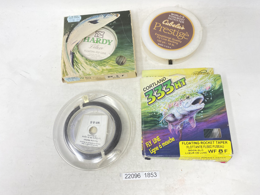 4 Fliegenschnüre: Hardy Floating Fly Line DT 5 F, Cortland 333 HT Floating Rocket Taper WF 8 S, Cortland WF 8 S, Cabela´s Prestige Fly Line Backing 100 yd, 18 lb., alles neu