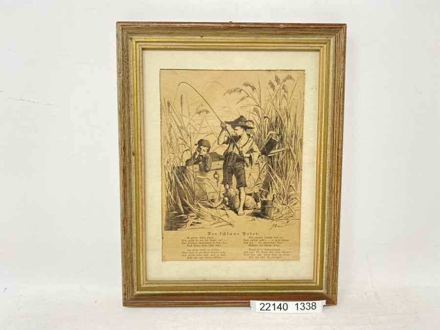Anglerbild, Der schlaue Peter, 180 x 225mm, in schönem Rahmen