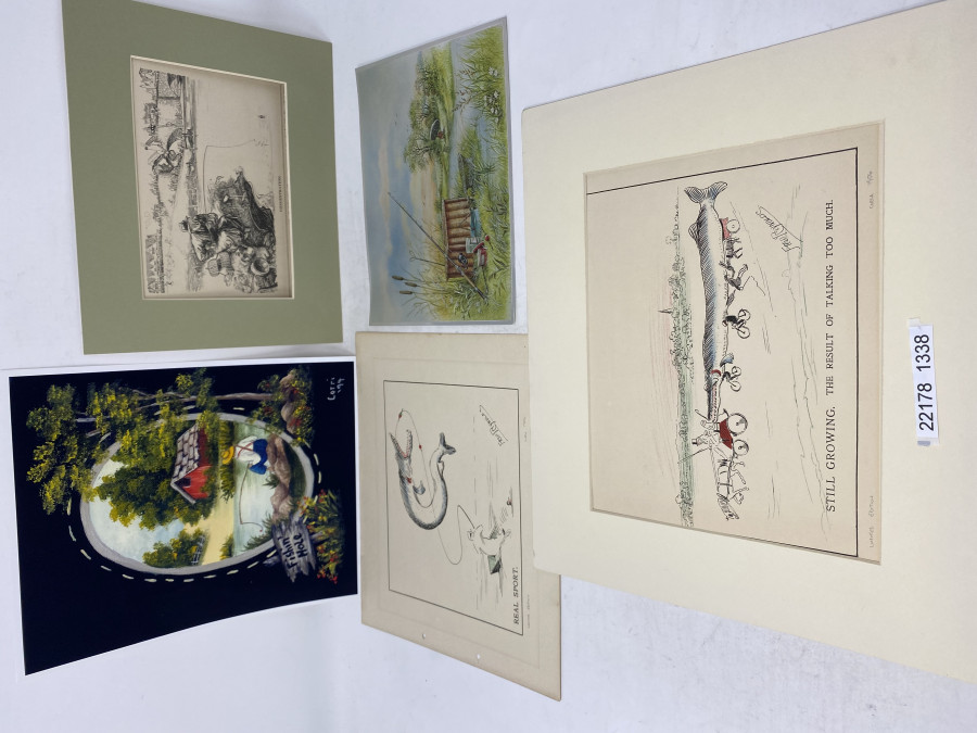 5 Anglerbilder: Dufix Prints 205 x 155mm, Fishing Hole 210 x 260mm, Holzstich Concentration 250x200mm, Real Sport, Fred Reynold, 260x220mm, Still Growing. The Result of Tsalking too much, Fred Reynolds, 320x270mm