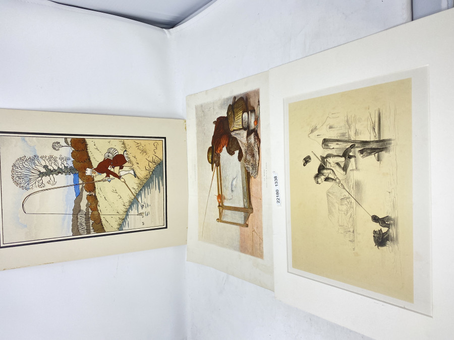 3 Anglerbilder: Holzstich Teufel an der Angel, 400x300mm; LÍllustration Ca Mord, 380x280mm; Harry Elliot, 295x410mm