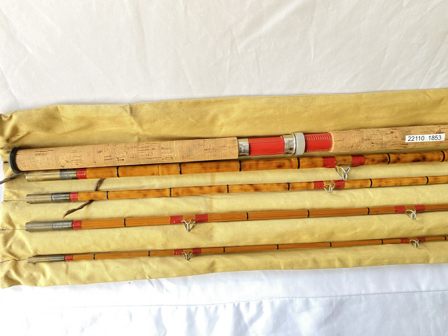 Spinnrute Flechsenberger Silit Kombi, für leichtes oder schweres Spinnfischen, 5 Teile, Bambus mit gespliessten Spitzen, Original Futteral, sehr guter Zustand
