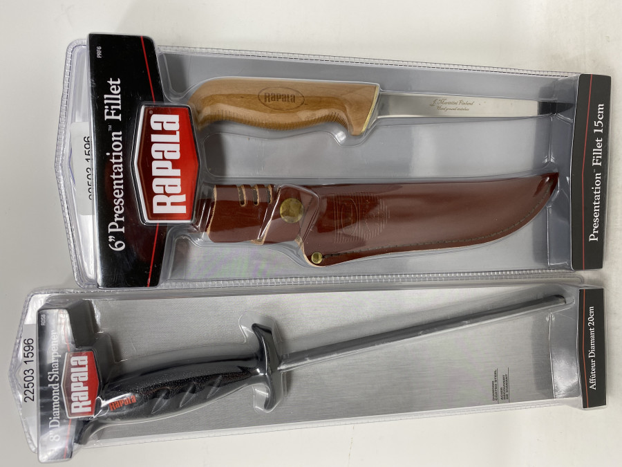 Rapala Presentation Filetiermesser, 15cm, behandelter Holzgriff, schwimmend, Lederscheide und 8" Diamant Schärfer, 20cm, Spitzenqualität, neu