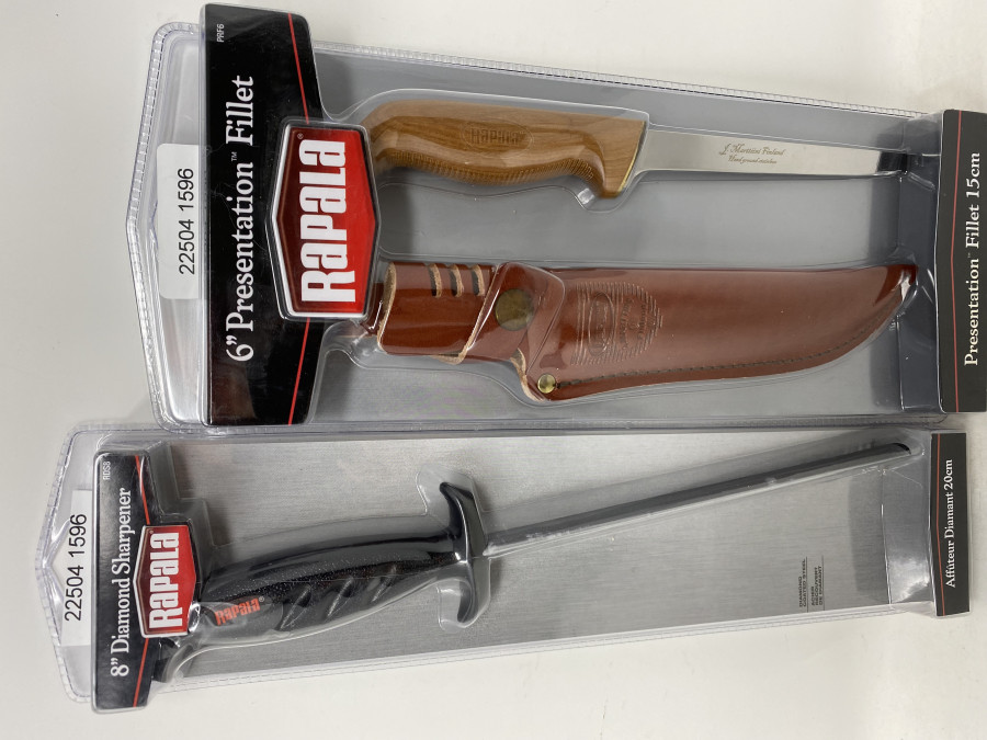 Rapala Presentaion Filetiermesser, 15cm, behandelter Holzgriff, schwimmend, Lederscheide und 8" Diamant Schärfer, 20cm, Spitzenqualität, neu