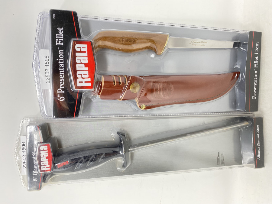 Rapala Presentation Filetiermesser 15cm, behandelter Holzgriff, schwimmend, Lederscheide, und 8" Diamant Schärfer, 20cm, Spitzenqualität, neu