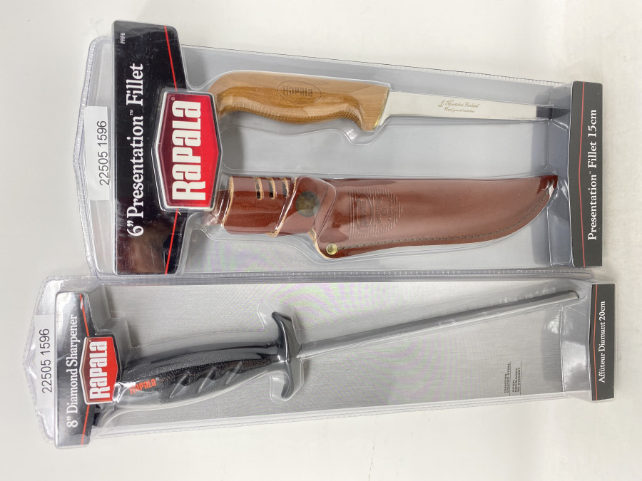 Rapala Presentaion Filetiermesser, 15cm, behandelter Holzgriff, schwimmend, Ledersscheide mit 8" Diamant Schärfer, 20cm, Spitzenqualität, neu