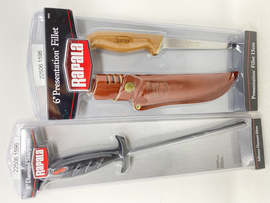 Rapala Presentation Filetiermesser, 15cm, behandelter Holzgriff, schwimmend, Lederscheide mit 8" Diamant Schärfer, 20cm, Spitzenqualität, neu