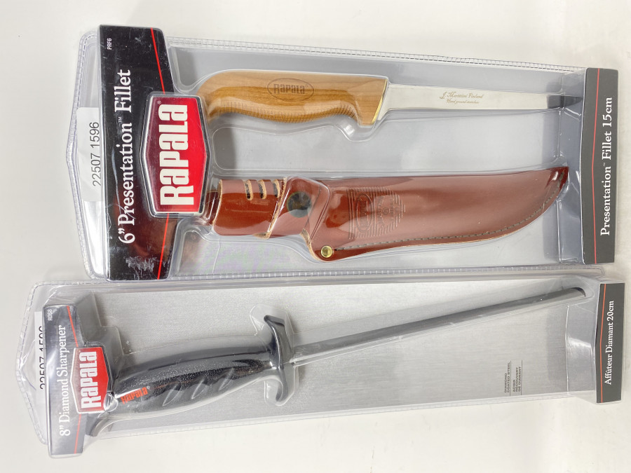 Rapala Presentaion Filetiermesser, 15cm, behandelter Holzgriff, schwimmend, Lederscheide mit 8" Diamant Schärfer, 20cm, Spitzenqualität, neu
