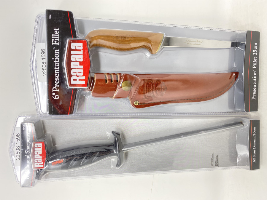 Rapala Presentaion Filetiermesser, 15cm , behandelter Holzgriff, schwimmend, Lederscheide mit 8" Diamant Schärfer, 20cm, Spitzenqualität, neu