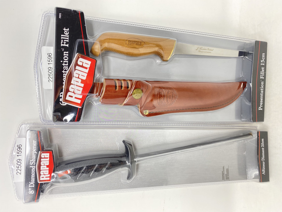 Rapala Presentaion Filetiermesser, 15cm, behandelter Holzgriff, schwimmend, Lederscheide und 8" Diamant Schärfer, 20cm Spitzenqualität, neu