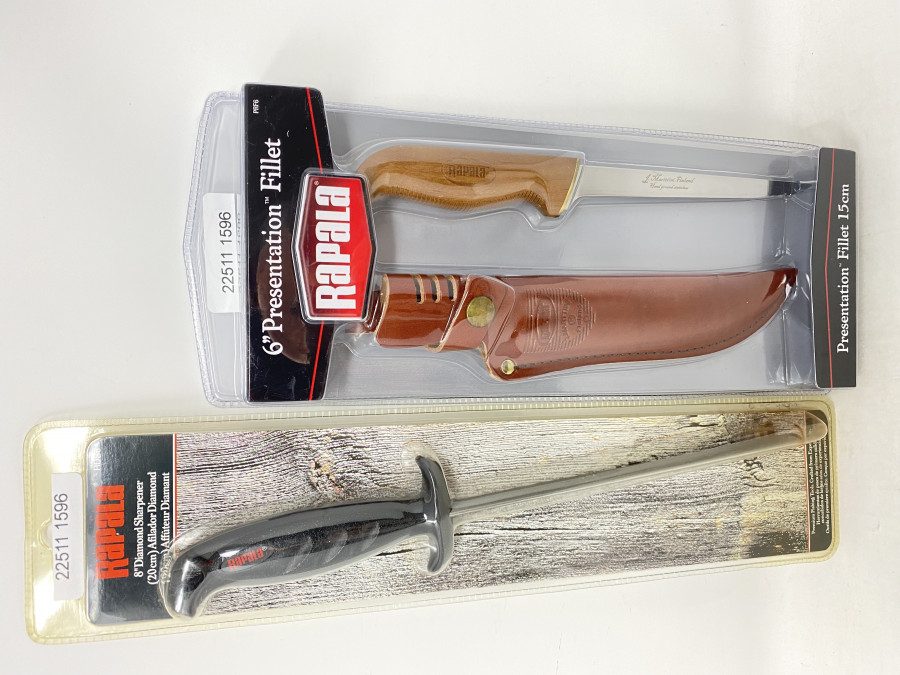 Rapala Presentation Filetiermesser, 15cm, behandelter Holzgriff, schwimmend, Lederscheide und 8" Diamant Schärfer, 20cm , Spitzenqualität, neu